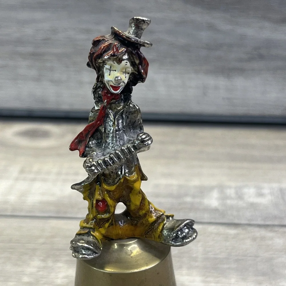 Clown Hand Bell Hand painted Solid Brass Base Playing Accordion Circus Vintage